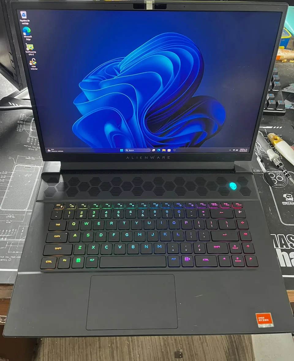 Gaming laptop on work surface during performance testing